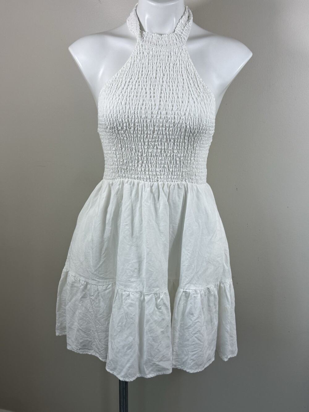 Womens Halter Mini Dress Size M White Linen Blend Cottagecore Beach